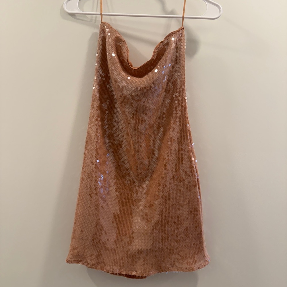 Strapless Bardot Soft Tan Sequin Dress